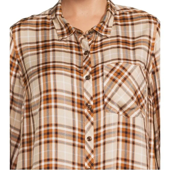 Terra & Sky Brown Plaid Women's Plus Size Button Woven Top 2X - Picture 3 of 10